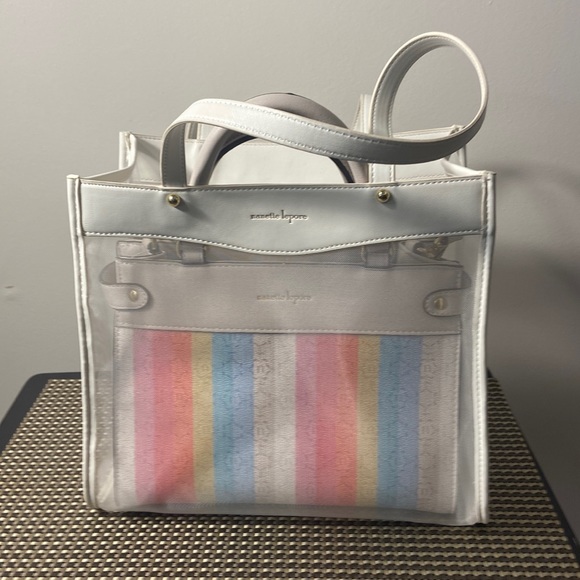Nanette Lepore Logo Stripe Satchel In Mesh Tote - Picture 1 of 12